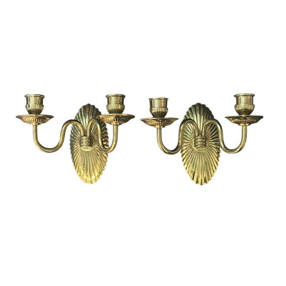 Vintage Mid Century Modern Brass Two Arm Candle Sconces Set of Two - Picture 1 of 6
